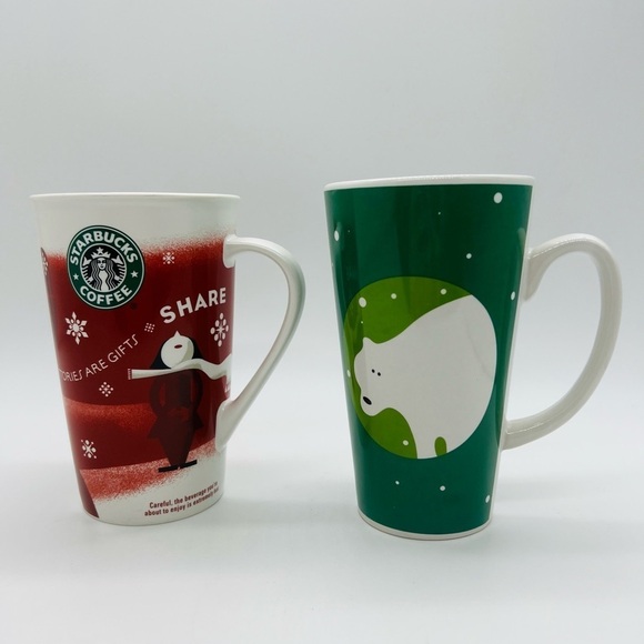 STARBUCKS SET OF 2 TALL RED & GREEN HOLIDAY CHRISTMAS MUGS - Picture 1 of 11